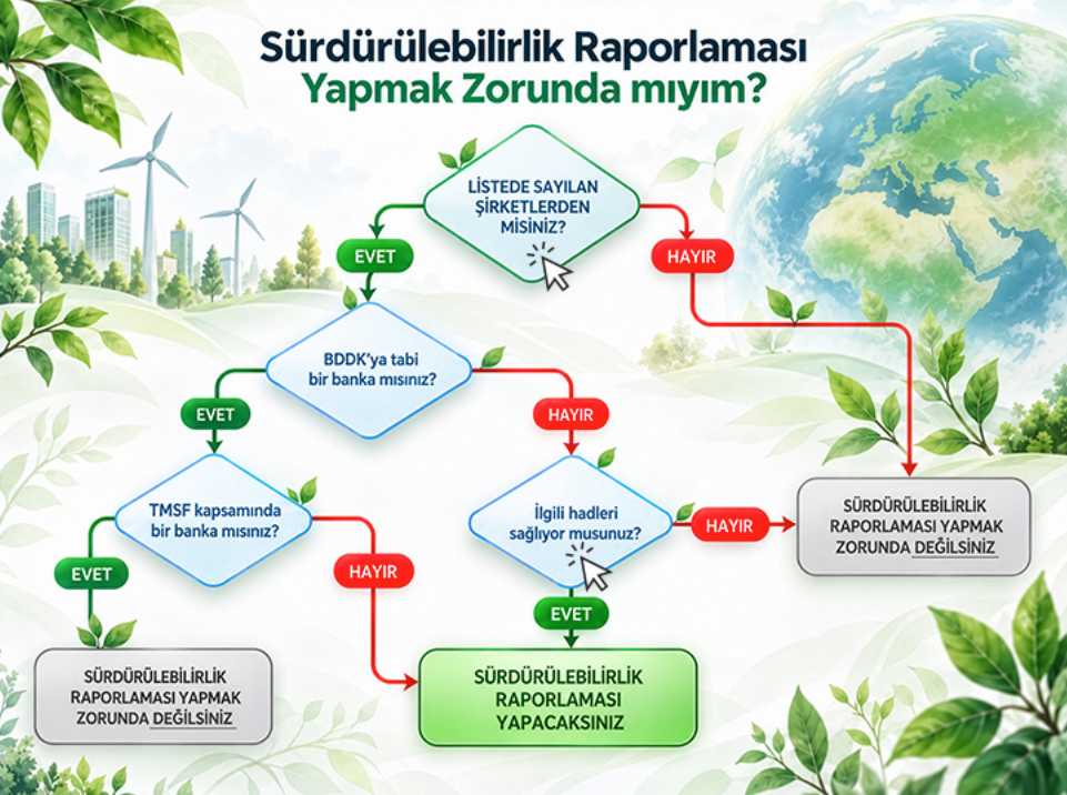KGK karar ağacı, listedeki şirket grubunu, banka ve TMSF durumunu ve eşiklerin sağlanmasını sırasıyla değerlendirerek sürdürülebilirlik raporlama zorunluluğunu gösteriyor.